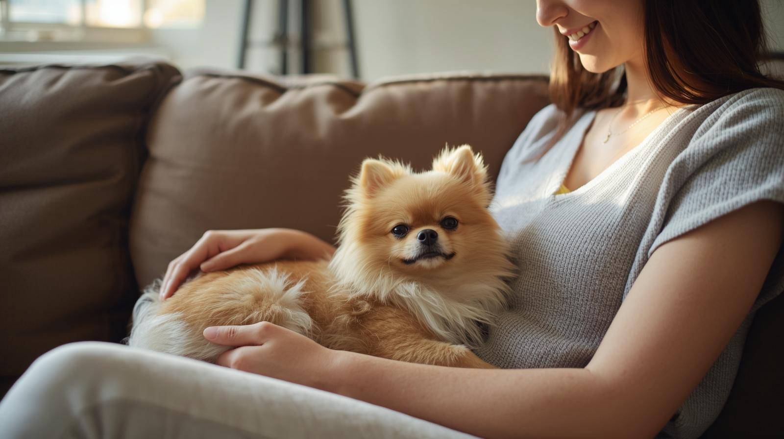 small dog inside apartment being pet by owner on couch small dog inside apartment being pet by owner on couch